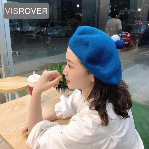 VISROVER 8 colorway wool Winter woman Beret Solid acrylic Autumn Hat Winter Cap Spring Punk Beret Hat Real wool Beret Wholesale