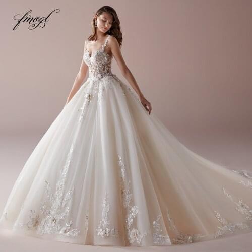Fmogl Sexy Backless Sweetheart Ball Gown Wedding Dresses 2020 Elegant Appliques Beaded Flowers Chapel Train Vintage Bridal Gowns