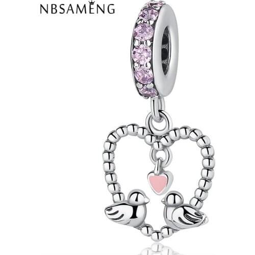 2018 Newest Authentic 925 Sterling Silver Pink Lovebirds Heart Charm Beads Fit Original Bracelets DIY Jewelry Gift