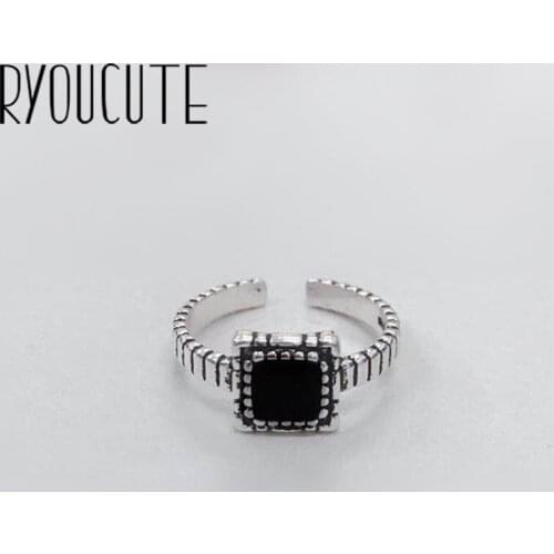 2019 Fashion Vintage Silver Color Square Black Ring for Women Jewelry Adjustable Size Finger Engagement Antique Ring