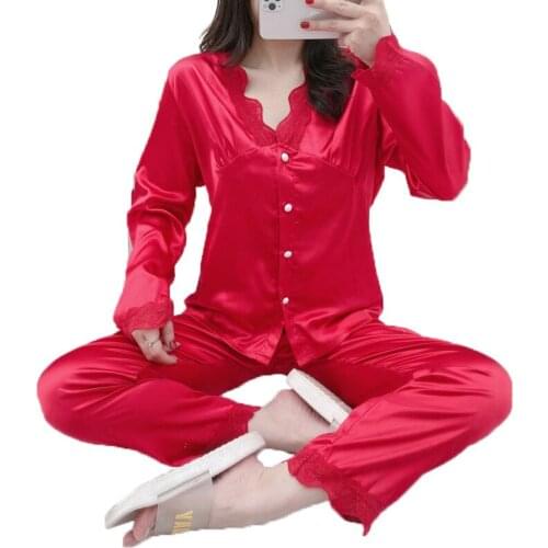 Satin Pajamas womens Spring long-sleeved Cardigan Lace Suit Ice Silk Sexy Korean Style Sweet Can be Worn Outside Home Clothes