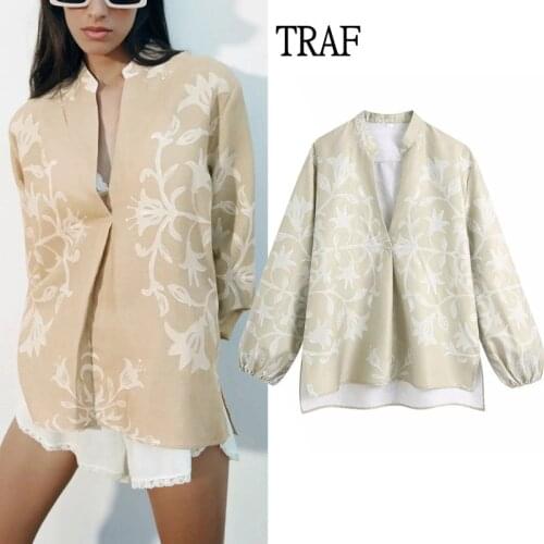 TRAF Za Women Shirts 2021 Autumn Linen Loose Long Sleeve Top Woman Vintage Print Womens Clothing Tops Chic Womens Blouses
