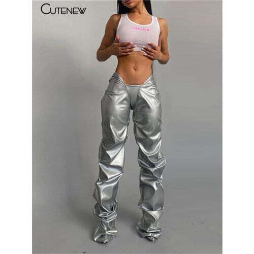 Cutenew Y2K Faux PU Leather Solid Irregular Shape Folds Slim Pants Women Autumn Fashion Casual Skinny Stretch Wild Lady Trousers