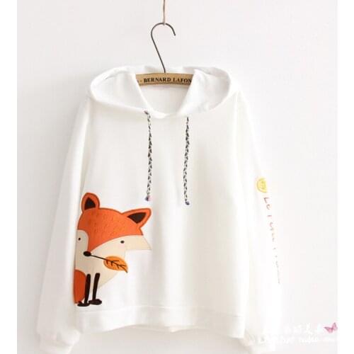 Spring Autumn Cartoon Fox Embroidery Patch Hoodie Women Long Sleeves Loose Sets Female Pullovers Hooded Hoodie Mori Girl U592