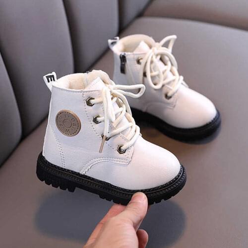 Childrens Boots 2021 Winter New Cotton Shoes Girls Soft Leather Boots Boys Plush Martin Boots Fashion Wild Children Shoes E176
