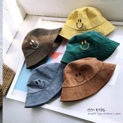 Doitbest 2-8 Years old Autumn Child Bucket fishing Hats Childen embroidery smile corduroy Boys Girls Winter fisherman hat