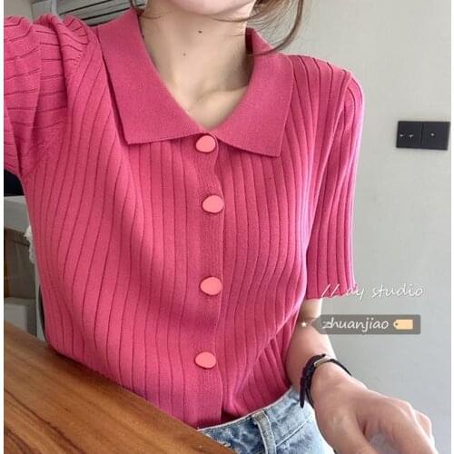 Fashion Chic Thin Knitted Cardigans Women 2021 Summer Korean Lapel Collar Short Sleeve Slim Tops Female Pink Knitwear Clothing