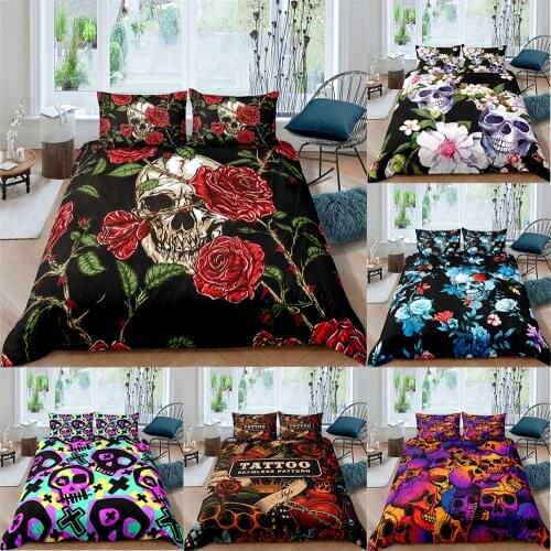 3D Skull and Red Rose Bedding Set Digital Print Duvet Cover Pillowcase 2/3 Pcs Bed Set Single/Twin/Double/Full/ Queen/ King Size