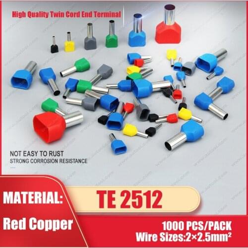 1000pcs TE2512 AWG 2.5mm2 Double Entry Cord End Terminals Twin Insulated Bootlace Ferrules