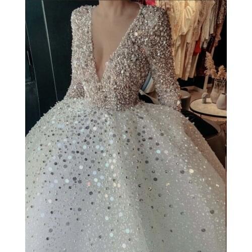 2021 Luxury Wedding Dresses Illusion O Neck Beaded Bling Bling Sequin Lace Long Sleeve Ball Gown Robe De Mariee