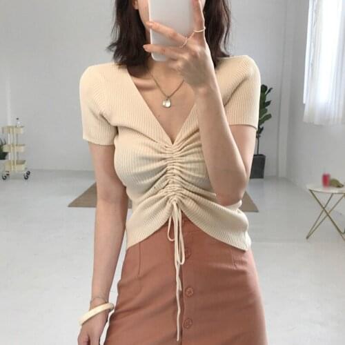 Summer New T Shirt 2020 New Pleated Drawstring Top Sexy V-neck Short-sleeved Crop Knit Tshirt Female Tees One Size