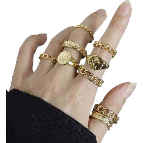 Fashion Hollow Moon Star Combination Ring Female Personality Cold Wind Suit with Metal Punk Ring Cool Jewelry