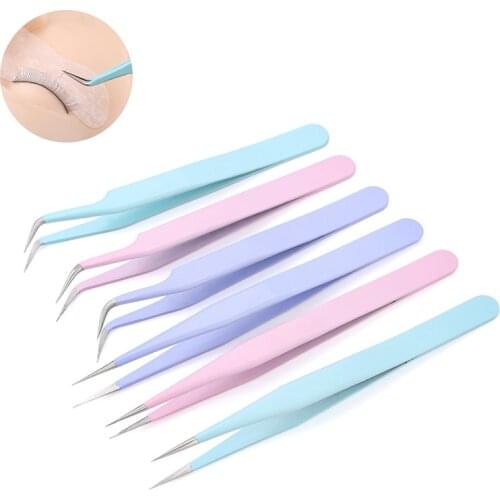 2pcs Anti-static Precision Macaron Tweezers Set Curved Straight Tip Stainless Steel Tweezer Eyelash Extension Nail Art Deco Tool