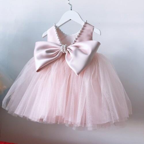 New Pink Baby Baptism Dresses For Baby Girls Pearls Princess Dress 1st Year Birthday Dress Infant Party Dress Newborn Clothes