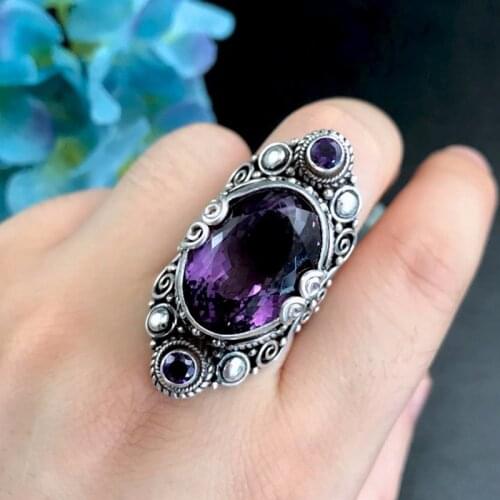 New Natural amethyst handmade solid real s925 silver woman ring simple retro jewelry mothers gift