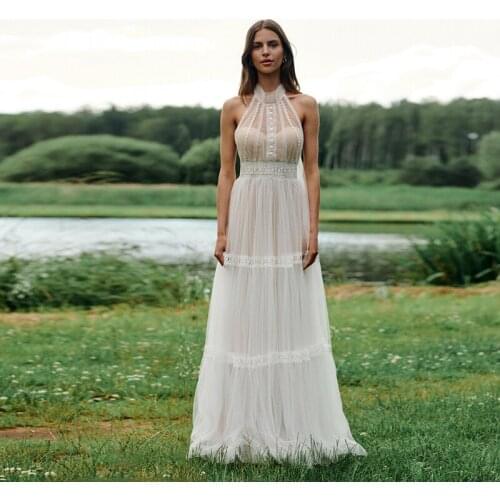 Lovely Halter Sleeveless Dotted Tulle A Line Wedding Dress Floor Length Summer Beach Bridal Gowns Vestidos De Fiesta