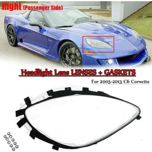 Right Headlight Lens Covers for Chevrolet C6 Corvette 2005-2013 with Black Trim Gaskets Seal Kit & 10Pcs Fix Nut Snaps