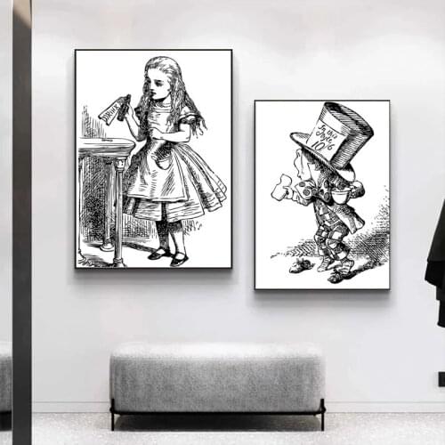 Simple Sketch Girl Black and White Classic Style Hand Drawn Alice Wonderland Canvas Painting Poster Print Room Home Decoration