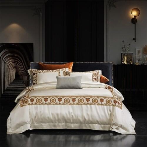2021 Luxury 800TC Silk Cotton Solid Color Shiny Bedding Set Lace Quilt Cover Flat Sheet Pillowcases Queen King Size 4PCS