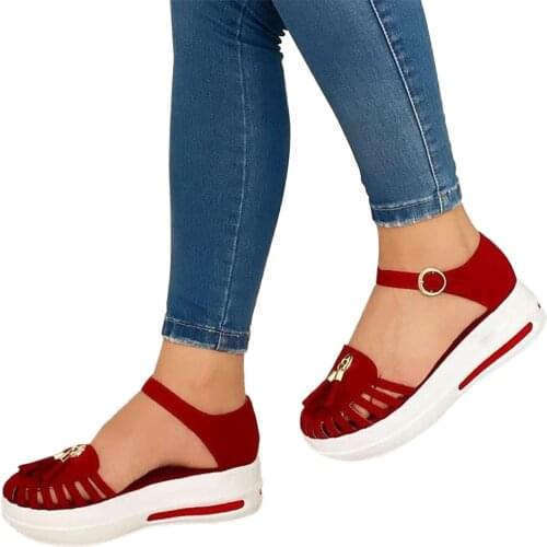 SAGACE Ladies Stretch Fabric Sandalias Female Casual Footwear Wedge Fringe Buckle Strap Sandals Womens Soft Stitching Shoes