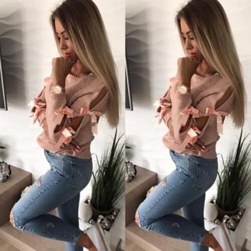 Sexy Hollow Out Long Sleeve Knitting Sweater Women Bow Loose O-Neck Tops Knitwear Jumper Pull Femme Winter Warm Pullover