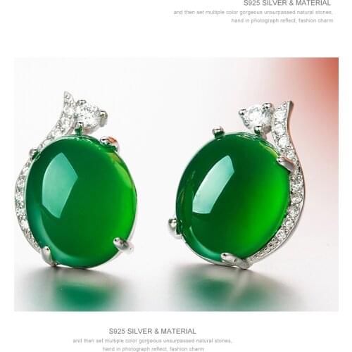 Natural Green Jade Chalcedony Agate 925 Silver Stud Earring Fashion Charm Jewelry Carved Amulet Gifts for Her Women