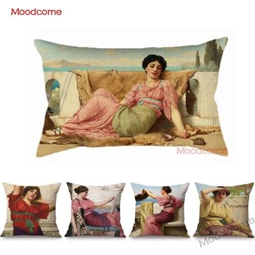 UK Artits John William Godward Aestheticism Goddess Elegant Lady Woman Girl Oil Painting Waist Pillow Case Lumbar Cushion Cover