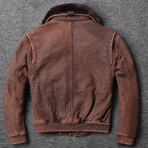 Air force winter flight fur collar vintage cow men brown pilot coat mens leather bomber jacket