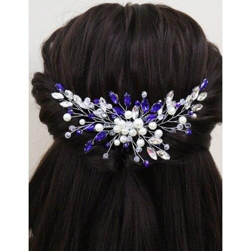 Blue Rhinestone Bridal Hair Comb Cute Romantic Crystal Pearls Headband Women Headdress for Party Tiaras Wedding Hair Accessories