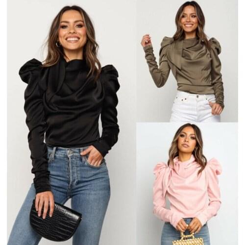USA Fashion Women Satin Blouses Bow Neck Long Sleeve Elegant Blouse Shirt Blusas