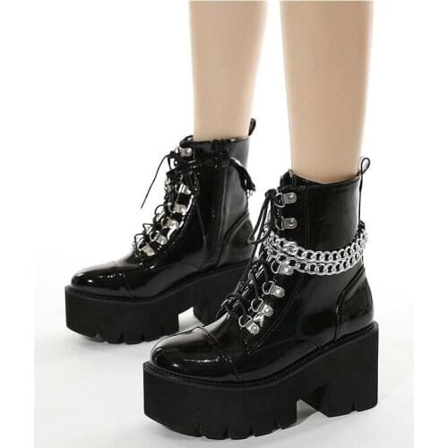 2022 New Women Ankle Motorcycle Boots Patent Leather Lace Up Side Zipper Thick Platform Breathable Blace Classic Females Shoes