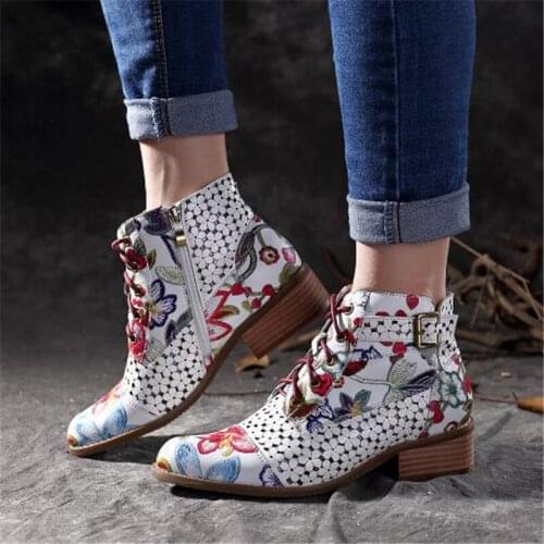 Womens pointed flower short boots Ankle Boots Women Platform Lace Up Buckle Shoes Thick Heel Short Boot Ladies Casual Footwear