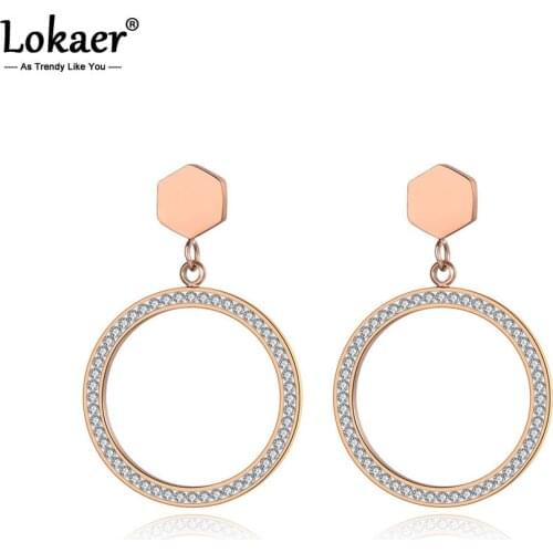 Lokaer Trendy Rose Gold Color Round Circle Shiny CZ Crystal Stud Earrings For Women Hyperbole Office Earrings Jewelry E19080