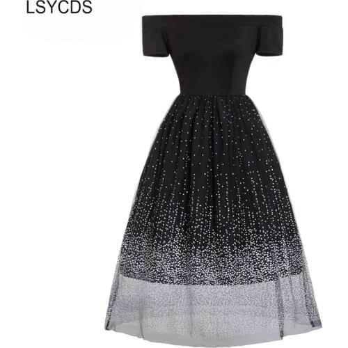 LSYCDS Women Slash Neck Fit and Flare Sexy Off Shoulder Midi Dresses Vintage Starry Sky Dotted Mesh Party Elegant Black Dress