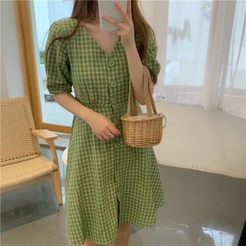 Chic V-Neck Plaid Dress Women Fashion Buttons High Waist Knee Length Summer Dresses Female Holiday Style Lace-up Casual Dress