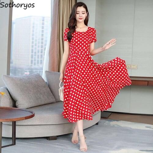 Women Dress Polka Dots Maxi O-neck Slim Empire Elegant Boho Plus Size 4XL Office Ladies Simple All-match A-Line Stylish Vintage