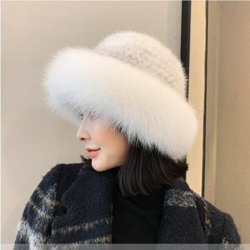 Winter Warm Real Mink fur hat womens Knitting hat with Fluffy Fox Fur Brim for Female