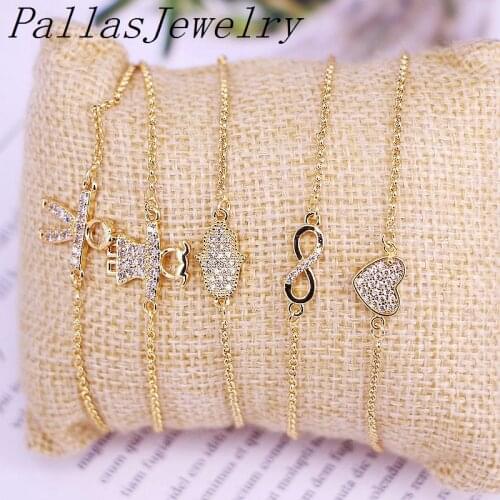 10Pcs Micro Pave Cubic Zirconia Bracelets for Women Mix Style Charm Bracelet Gold Color Jewelry