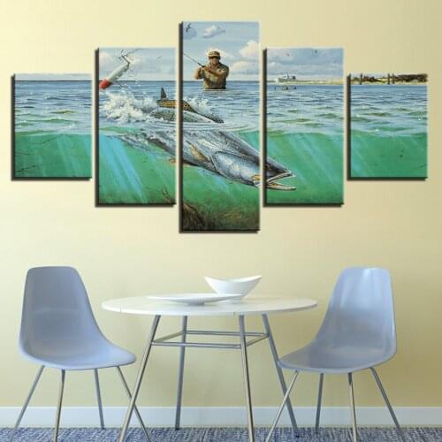 5 Panel HD Print Fishing in the sea wall Art posters Print On Canvas Art Painting Modular Wallpaper For home living room decorat