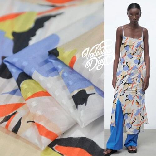 Abstract Art Print White Silk Cotton Blend Fabric