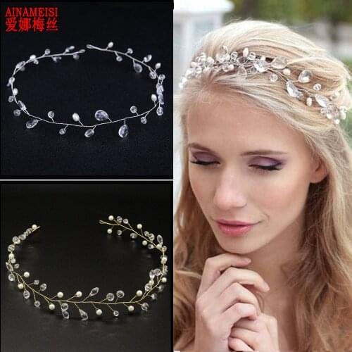 AINAMEISI Fashion Handmade Bridal Headbands White Pearl Crystal Wedding Hair Accessories Tiara Ornaments Hair Jewelry