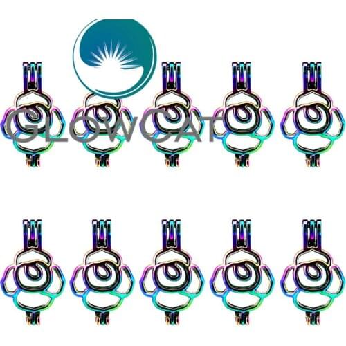 GLOWCAT 10x C393 Rainbow Color Big Rose Flower Bead Cage Jewelry Making Perfume Essential Oil Diffuser Pearl Cage Locket Pendant
