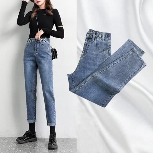 High Waist Baggy Mom Jeans Capri Slim Elastic Waist Harem Pants Button Fly Pockets Washed Ankle-Length Pants Fall 2020 Women