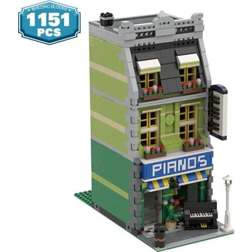 City Piano Showroom Modular Piano Shop Building Blocks Architecture Street View Series House Bricks Toys for Children MOC-44464
