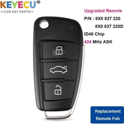 KEYECU Upgraded Flip Remote Car Key for Audi A1 Q3 TT R8, Fob 3 Buttons - 434MHz - ID48 Chip - P/N: 8X0 837 220 D, 8X0837220D
