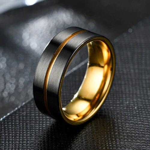 Black and Gold Mens Womens Stainless Steel Ring Wedding Band Matte Grooved Gift Anniversary Jewelry SY002