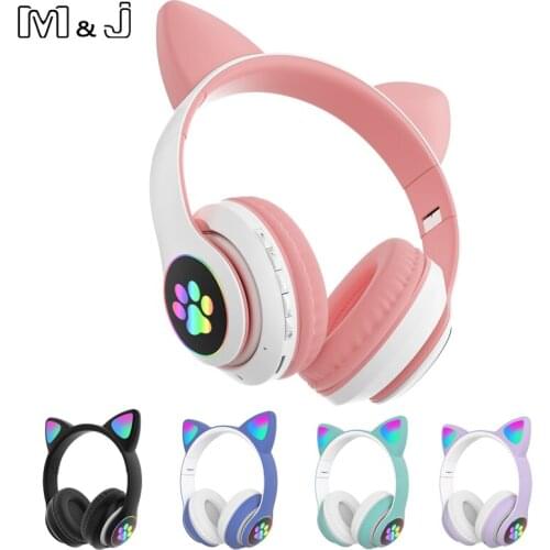 Cat Ear Earphones LED Glowing Bluetooth Headphones Wireless Helmet Headsets Stereo Gaming Earbud with Microphone Kids Girl Gifts