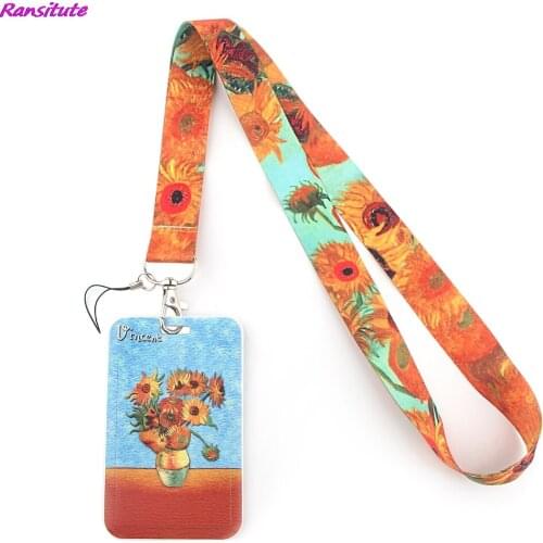 Ransitute R1417 Van Gogh Sunflowers Creative Lanyard Card Holder Student Hanging Neck Subway Access Card Holder
