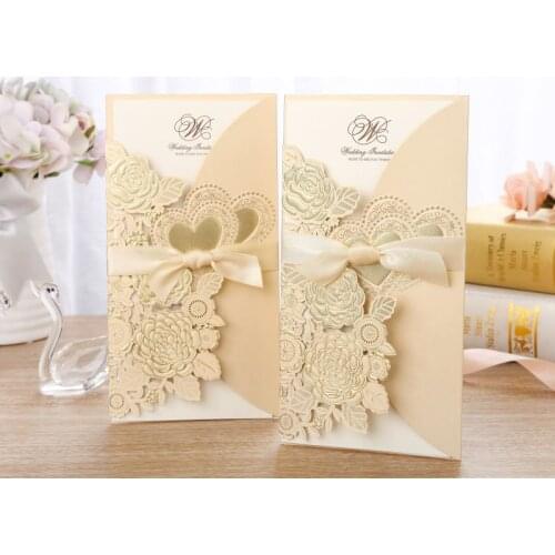 1pcs Gold Laser Cut Wedding Invitations Card Lace Rose Heart Greeting Cards Envelopes with Ribbon Wedding Party Favor Supplies