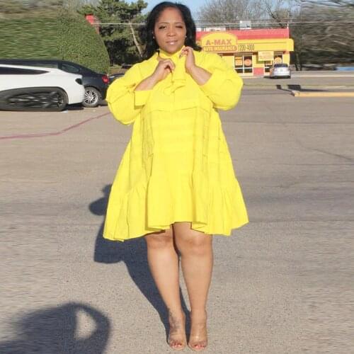 L-5XL Plus Size Deep V Neck Full Sleeve A-line Dress Summer Womens Clothing Office Lady Solid Simple Pleated Ruffles Vestidos